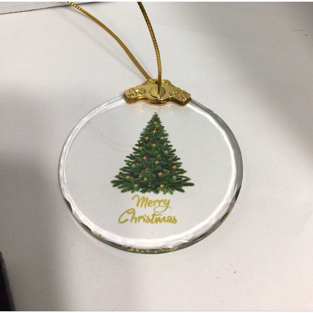 Christmas Crystal Hanging Ornament Clear With Merry Christmas Tree Gold Accents